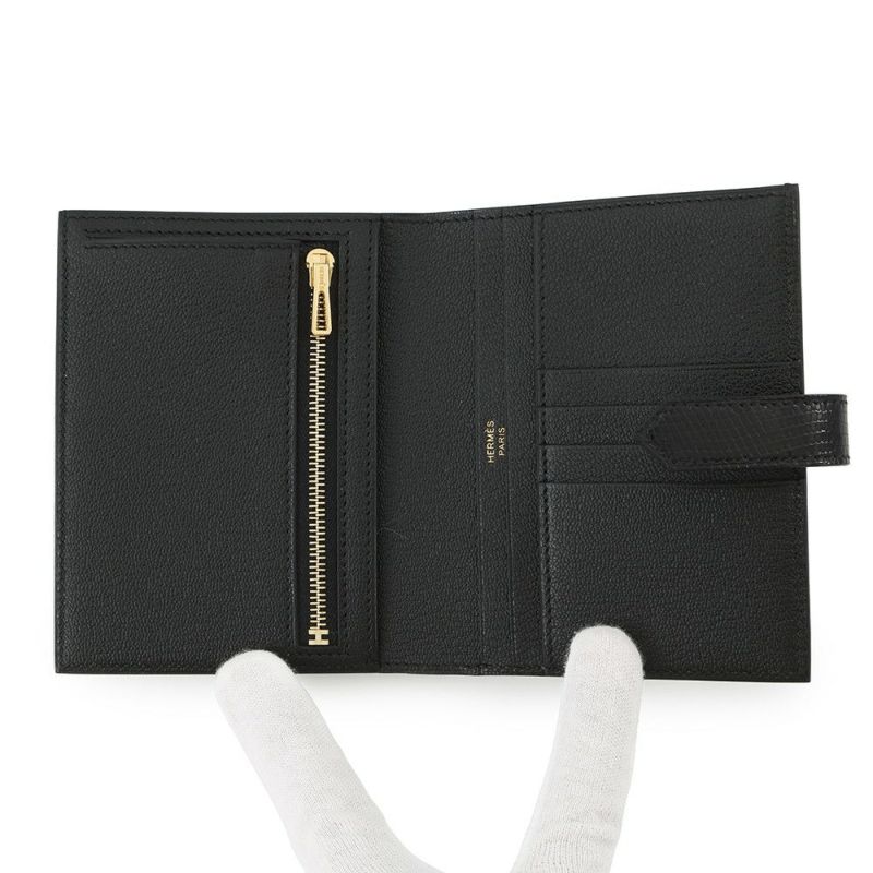 エルメス 二つ折り財布 ベアンコンパクト ブラック/ゴールド金具 リザード W刻印 黒