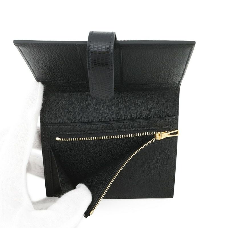 エルメス 二つ折り財布 ベアンコンパクト ブラック/ゴールド金具 リザード W刻印 黒