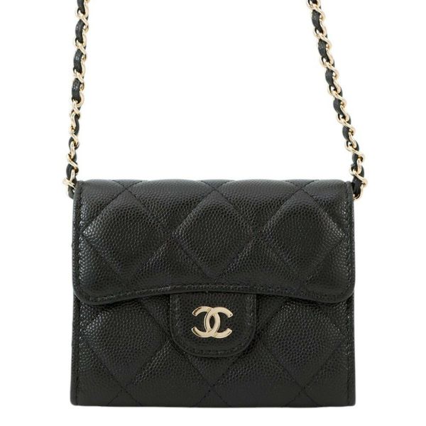 シャネル ミニチェーンウォレット カードケース マトラッセ ココマーク キャビアスキン AP0238 CHANEL 財布 黒