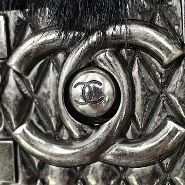 シャネル チェーンショルダーバッグ ボーイシャネル レザー ファー CHANEL 黒