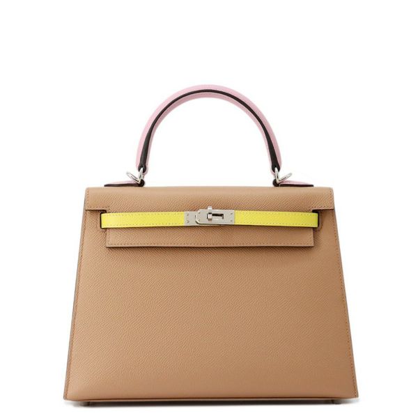 エルメス ケリー25 外縫いトリコロール チャイ/モーヴシルベストル/ライム/シルバー金具 エプソン U刻印 2wayショルダー