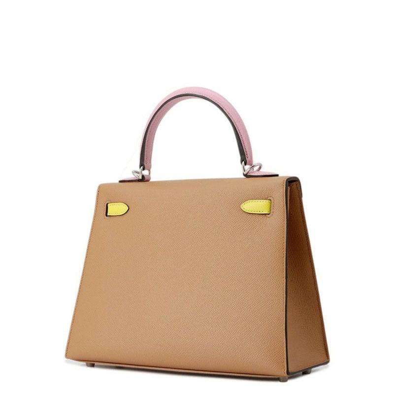 エルメス ケリー25 外縫いトリコロール チャイ/モーヴシルベストル/ライム/シルバー金具 エプソン U刻印 2wayショルダー