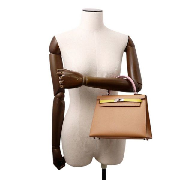 エルメス ケリー25 外縫いトリコロール チャイ/モーヴシルベストル/ライム/シルバー金具 エプソン U刻印 2wayショルダー