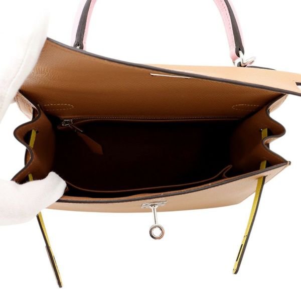 エルメス ケリー25 外縫いトリコロール チャイ/モーヴシルベストル/ライム/シルバー金具 エプソン U刻印 2wayショルダー