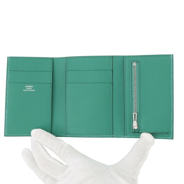 エルメス 三つ折り財布 ベアンコンビネ ヴェルソ セレステ/ヴェールジェイド/シルバー金具 エプソン B刻印 財布