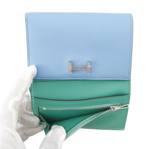 エルメス 三つ折り財布 ベアンコンビネ ヴェルソ セレステ/ヴェールジェイド/シルバー金具 エプソン B刻印 財布