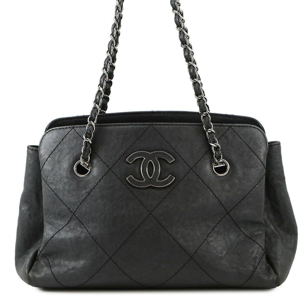 シャネル チェーンショルダーバッグ ワイルドステッチ マトラッセ ココマーク レザー CHANEL バッグ 黒