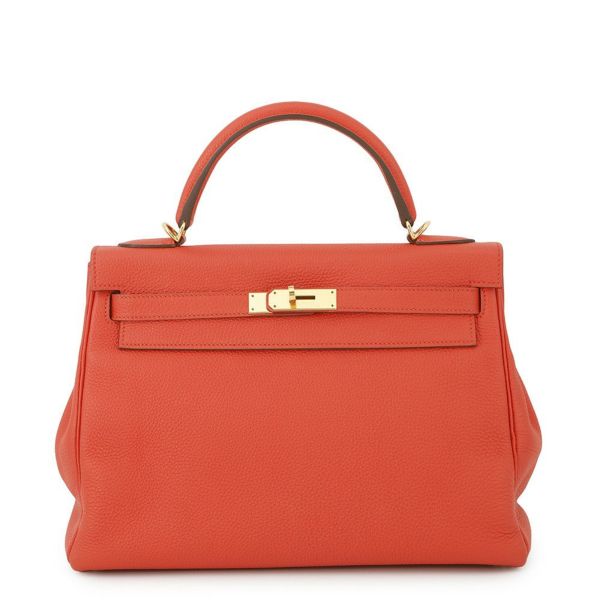 エルメス ハンドバッグ ケリー32 内縫い オレンジポピー/ゴールド金具 トリヨンクレマンス T刻印 2wayショルダー