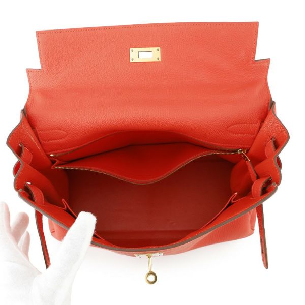 エルメス ハンドバッグ ケリー32 内縫い オレンジポピー/ゴールド金具 トリヨンクレマンス T刻印 2wayショルダー