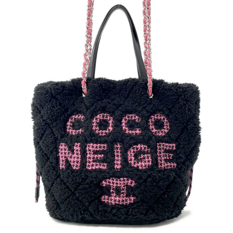 シャネル トートバッグ ココマーク ココネージュ ツイード ムートン AS0981 CHANEL バッグ 巾着バッグ 黒
