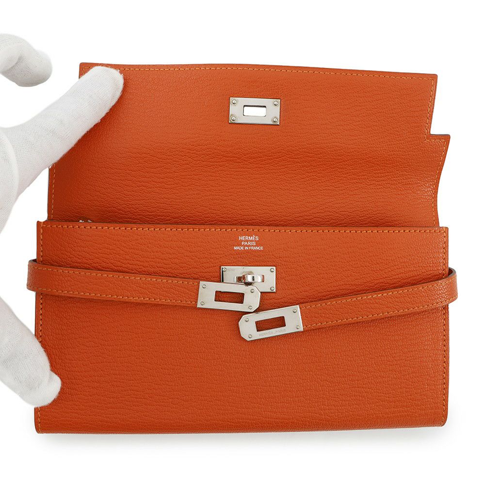 エルメス 長財布 ケリーウォレット ロング オレンジ/シルバー金具 シェブルミゾル □Q刻印