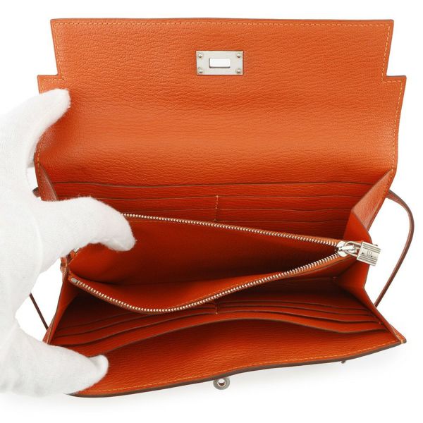 エルメス 長財布 ケリーウォレット ロング オレンジ/シルバー金具 シェブルミゾル □Q刻印