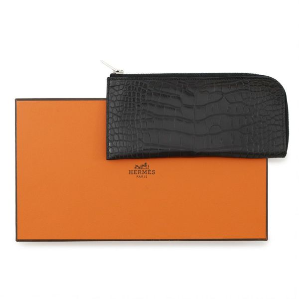 エルメス 長財布 リミックス コンバイン ブラック/シルバー金具 アリゲーターマット C刻印 HERMES 財布 黒