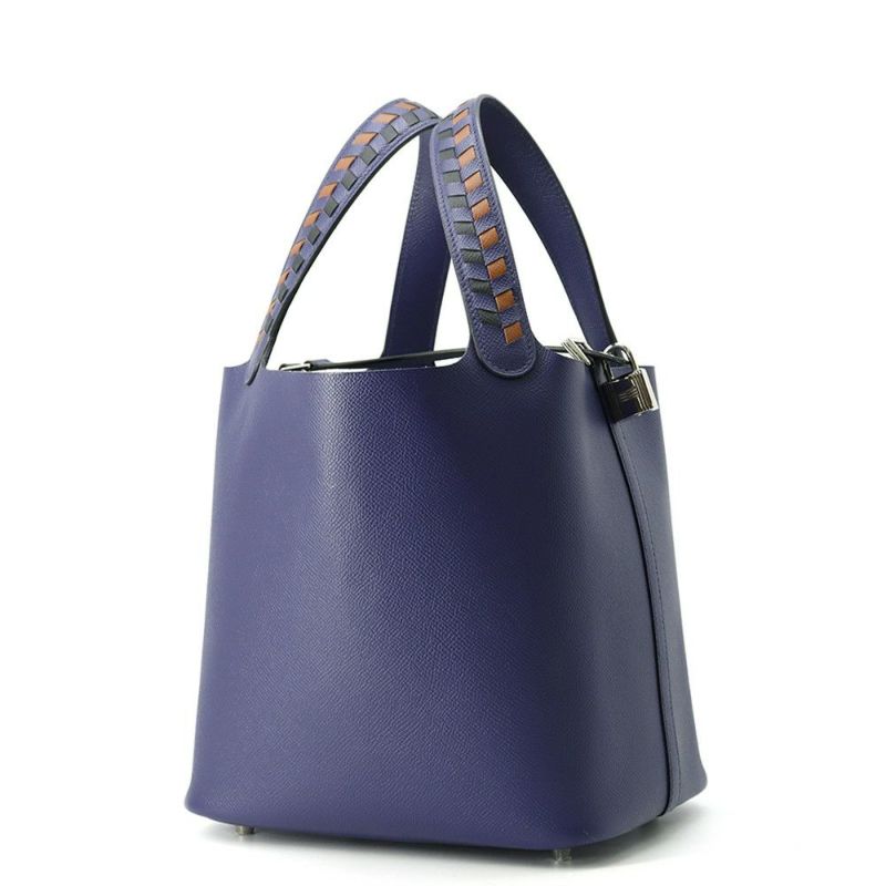 エルメス ハンドバッグ ピコタンロックMM トレサージュ ブルーアンクル/ブリック/ブラック/シルバー金具 エプソン D刻印