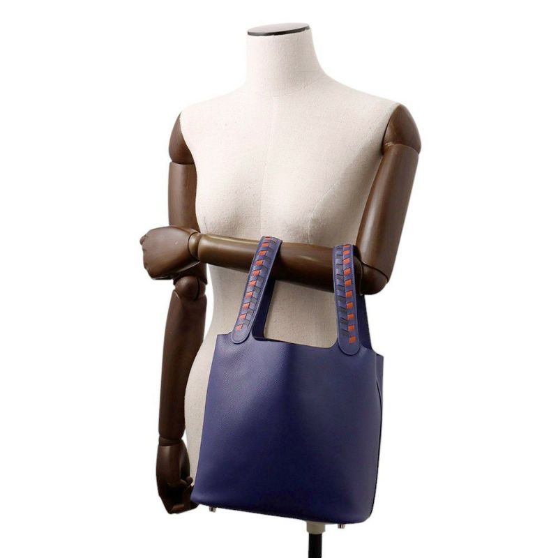 エルメス ハンドバッグ ピコタンロックMM トレサージュ ブルーアンクル/ブリック/ブラック/シルバー金具 エプソン D刻印