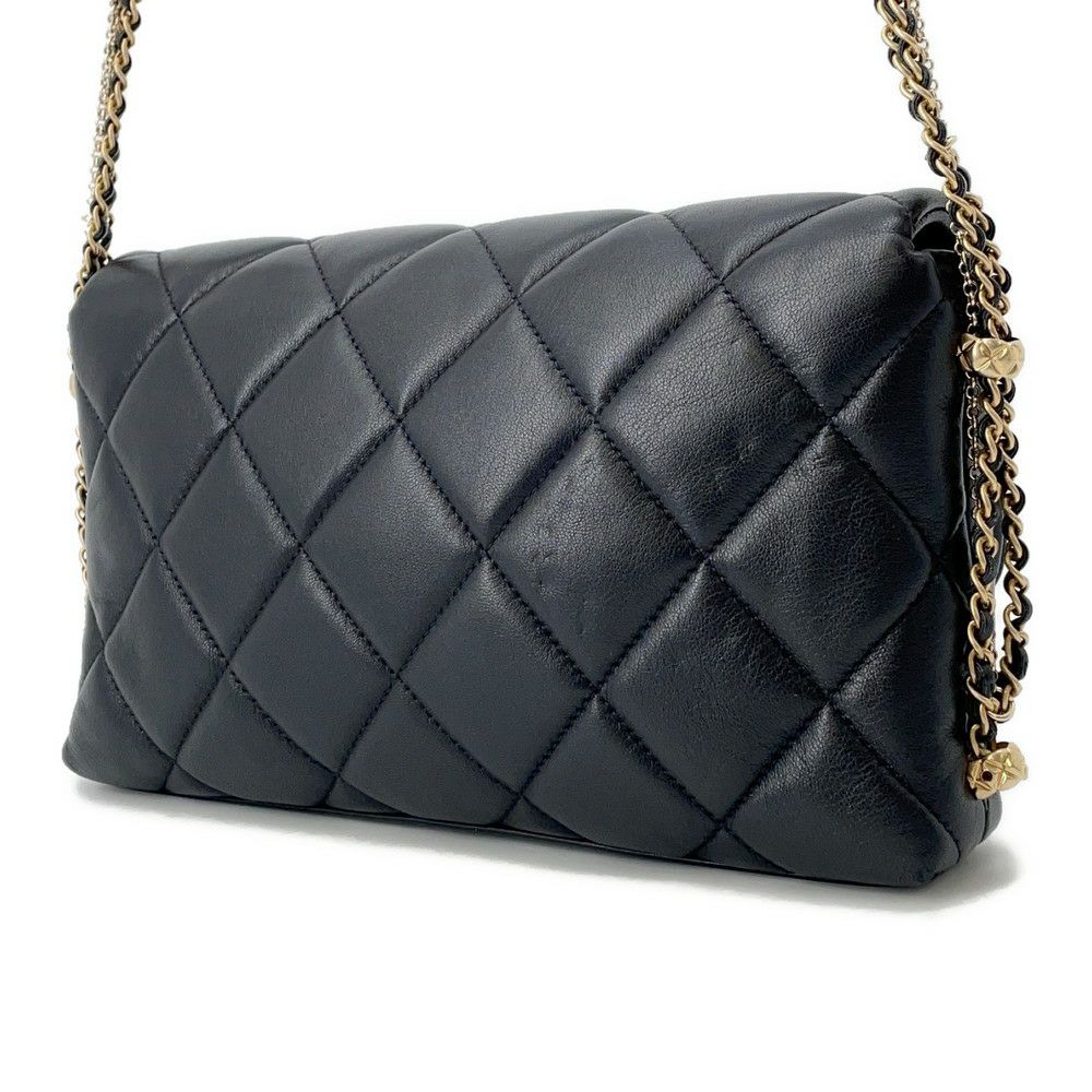 シャネル チェーンショルダーバッグ マトラッセ ココマーク ラムスキン フェイクパール CHANEL 黒