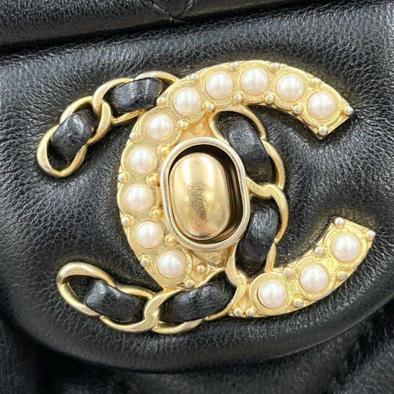 シャネル チェーンショルダーバッグ マトラッセ ココマーク ラムスキン フェイクパール CHANEL 黒