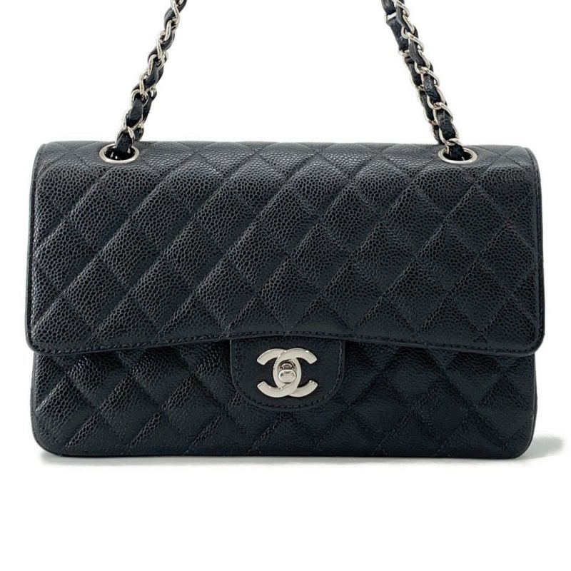 シャネル チェーンショルダーバッグ マトラッセ25 ココマーク ダブルチェーン キャビアスキン A01112 CHANEL 黒