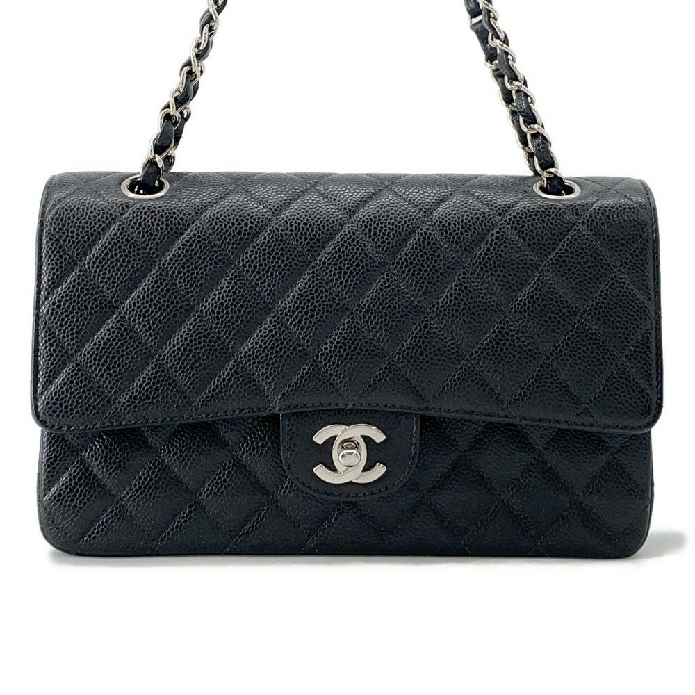 シャネル チェーンショルダーバッグ マトラッセ25 ココマーク ダブルチェーン キャビアスキン A01112 CHANEL 黒