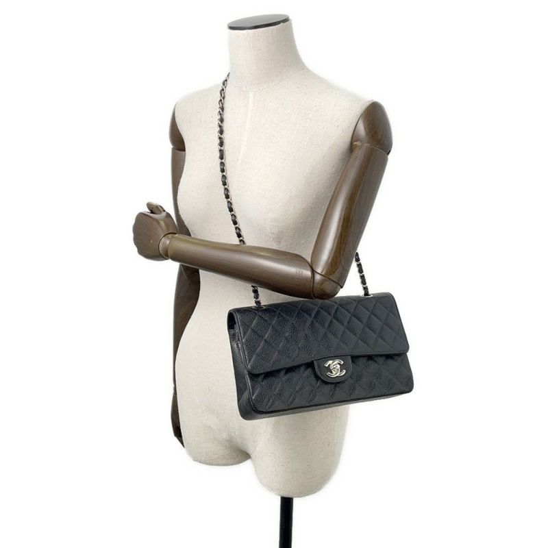 シャネル チェーンショルダーバッグ マトラッセ25 ココマーク ダブルチェーン キャビアスキン A01112 CHANEL 黒