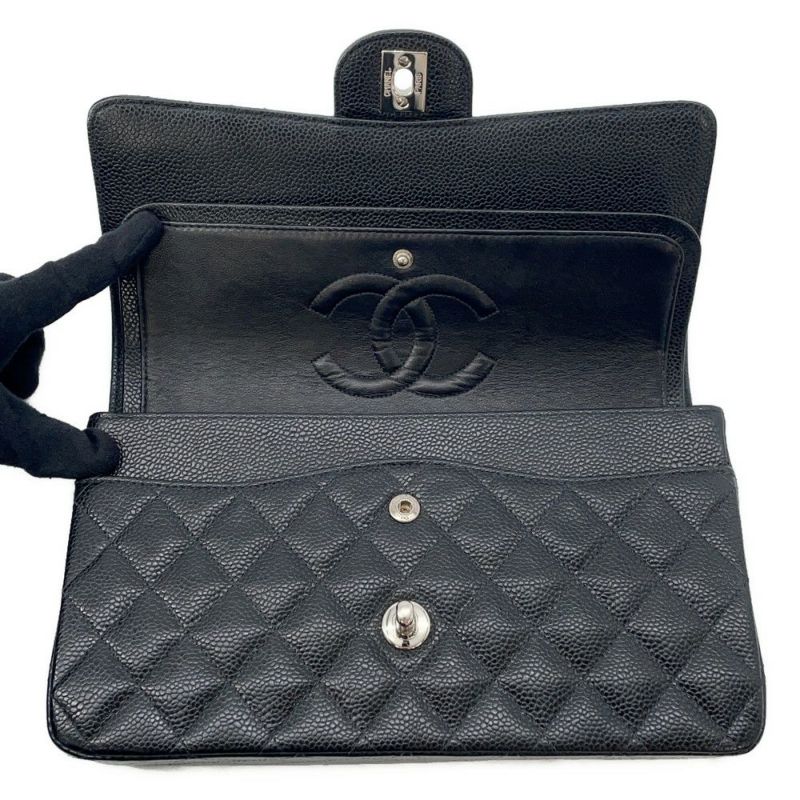 シャネル チェーンショルダーバッグ マトラッセ25 ココマーク ダブルチェーン キャビアスキン A01112 CHANEL 黒
