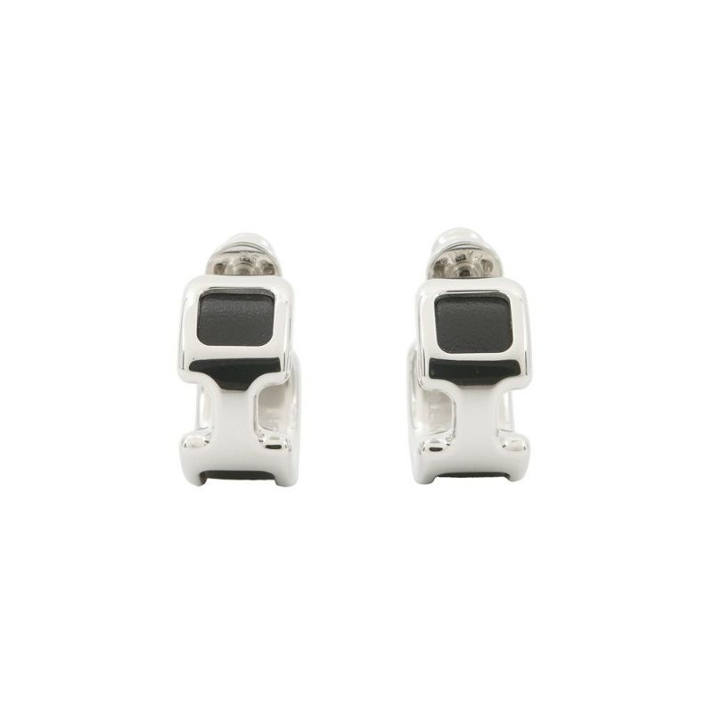 エルメス ピアス オランプPM ブラック/シルバー金具 ボックスカーフ HERMES アクセサリー 黒