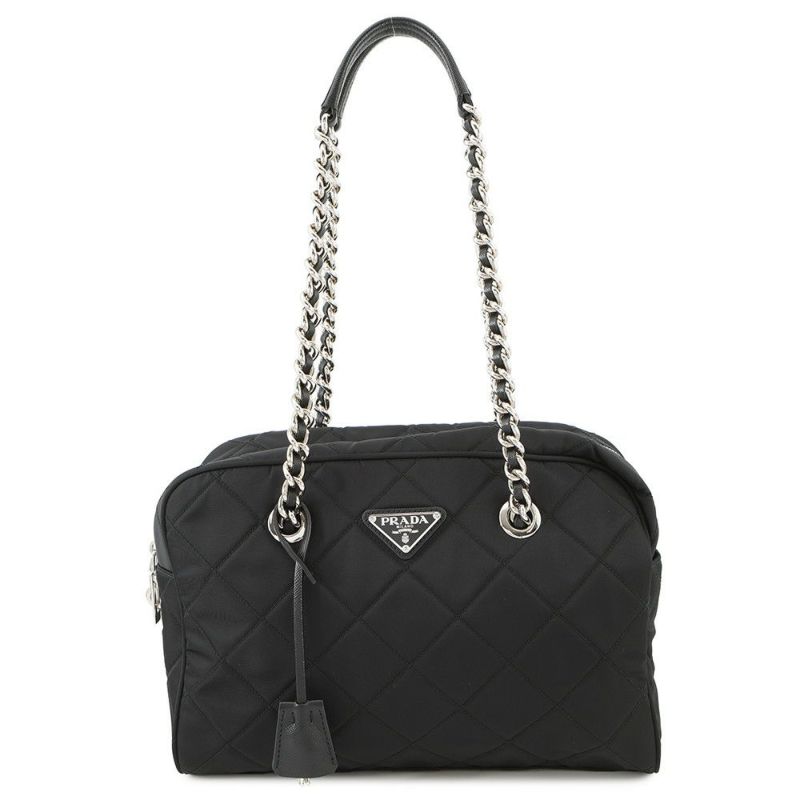 プラダ チェーンショルダーバッグ トライアングルロゴ キルティング ナイロン 1BB903 PRADA 黒