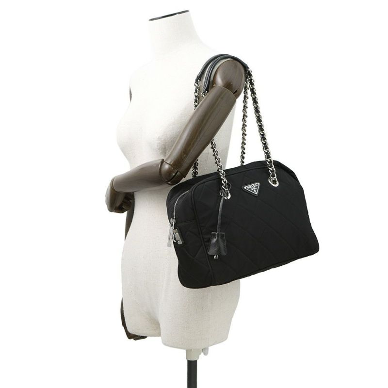 プラダ チェーンショルダーバッグ トライアングルロゴ キルティング ナイロン 1BB903 PRADA 黒