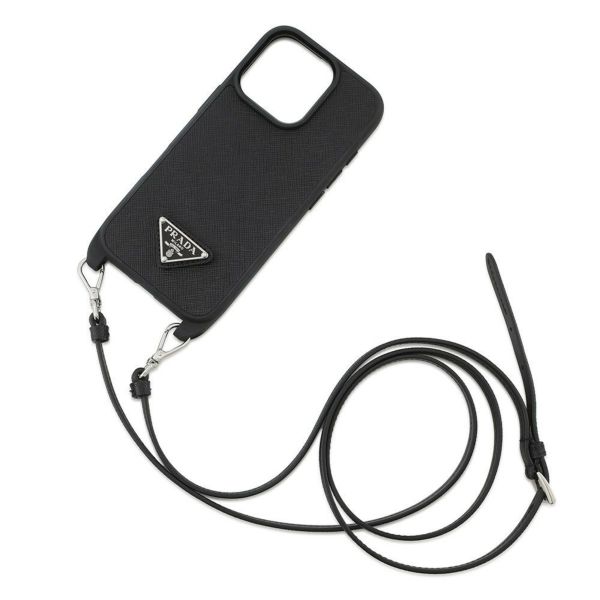 プラダ スマホケース サフィアーノ トライアングルロゴ iPhone16proケース ストラップ付き ラバー 1ZH209 PRADA 黒
