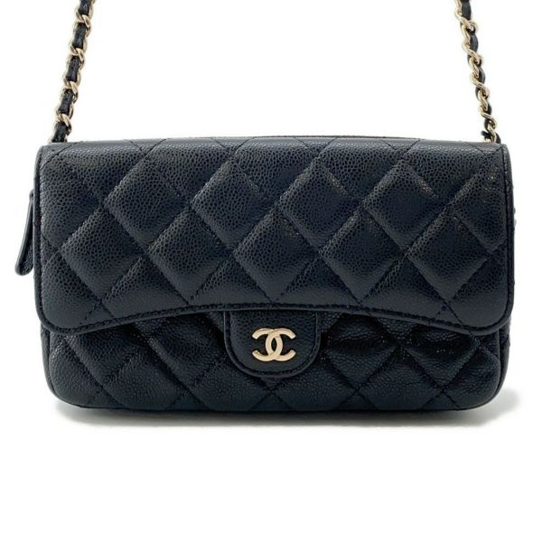 シャネル チェーンショルダーバッグ フラップ フォンケース マトラッセ ココマーク キャビアスキン AP2096 CHANEL 黒