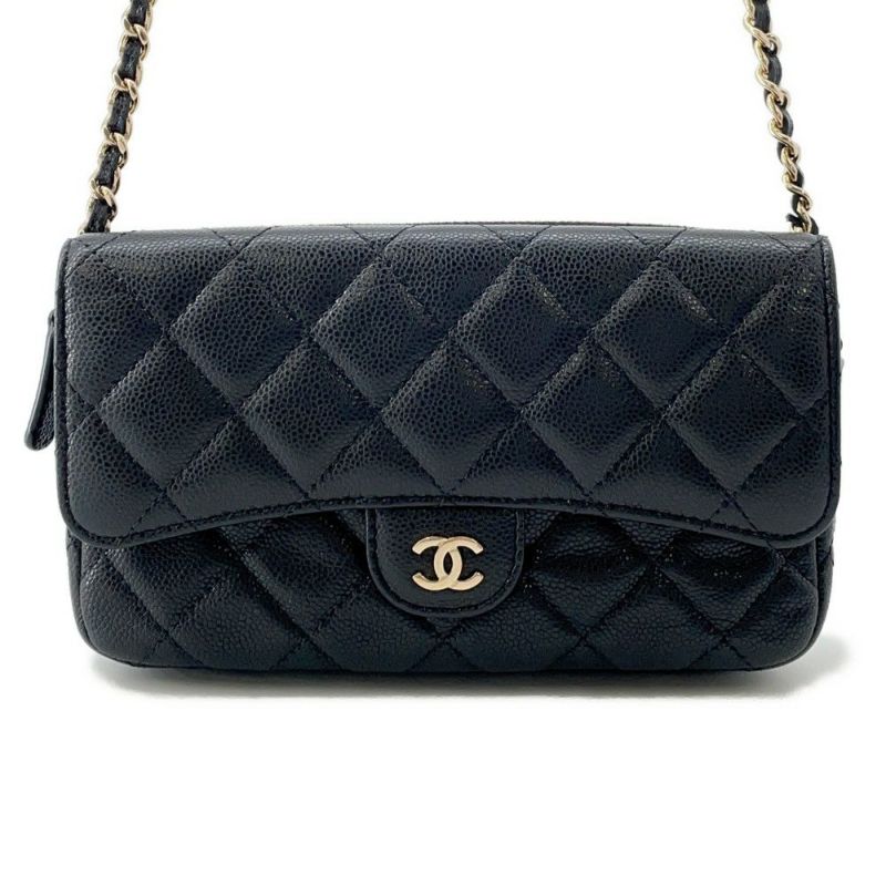 シャネル チェーンショルダーバッグ フラップ フォンケース マトラッセ ココマーク キャビアスキン AP2096 CHANEL 黒