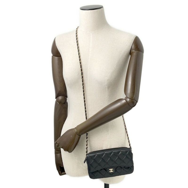 シャネル チェーンショルダーバッグ フラップ フォンケース マトラッセ ココマーク キャビアスキン AP2096 CHANEL 黒