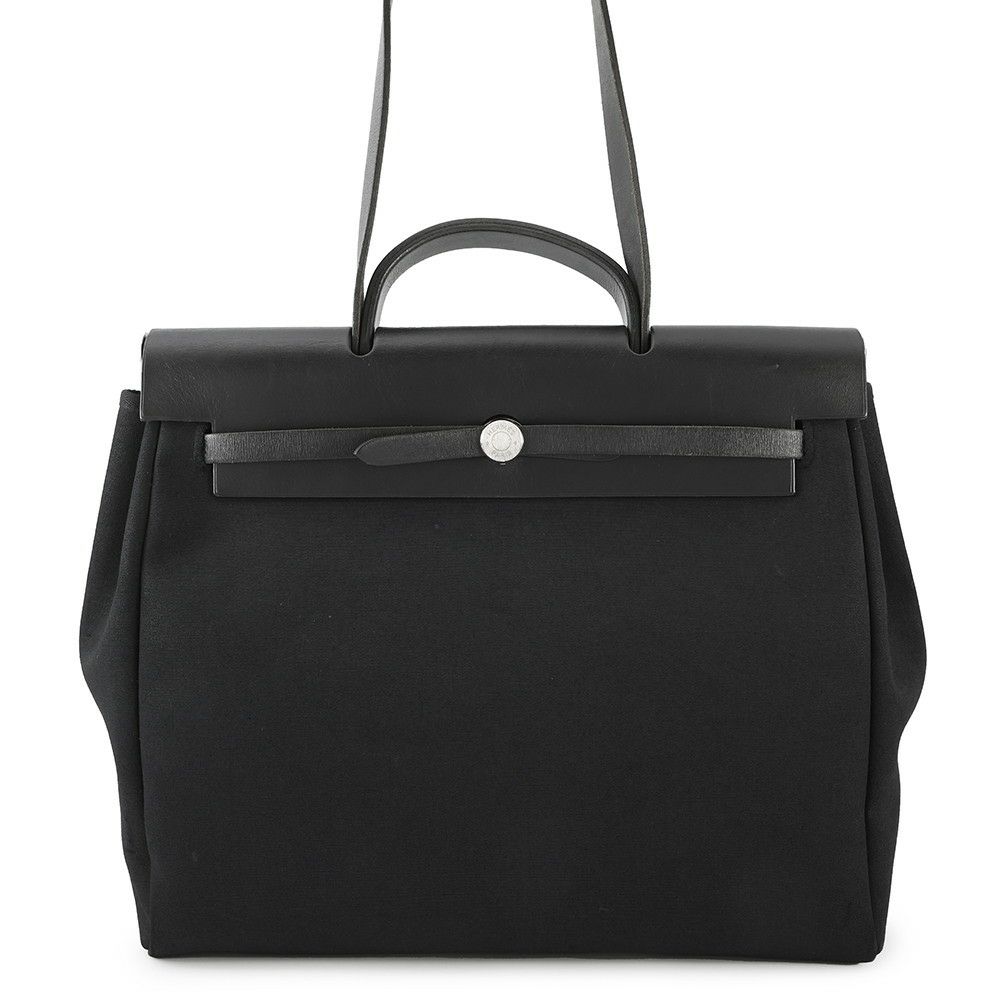 エルメス ショルダーバッグ エールバッグMM ブラック/シルバー金具 トワルオフィシエ/レザー □G刻印 黒