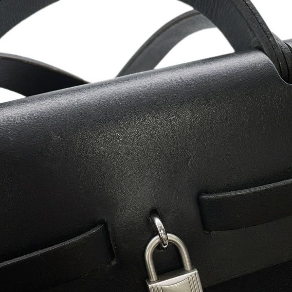 エルメス ショルダーバッグ エールバッグMM ブラック/シルバー金具 トワルオフィシエ/レザー □G刻印 黒