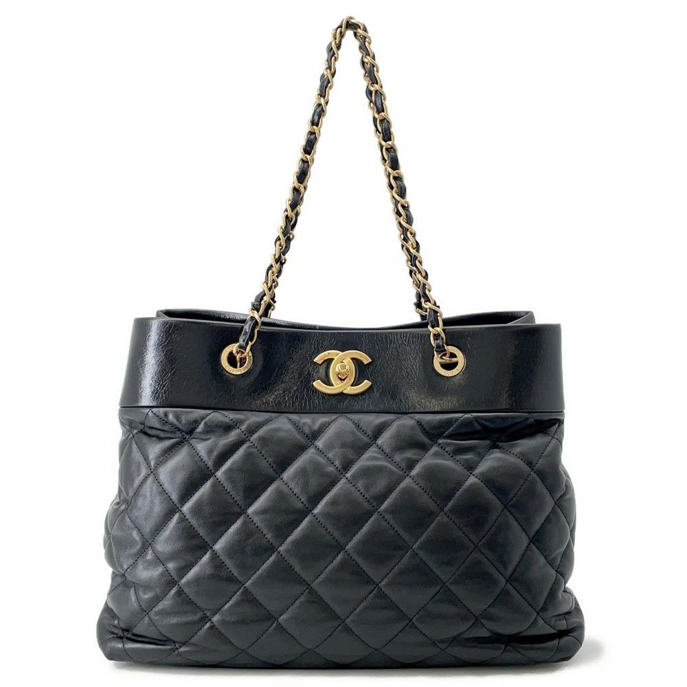シャネル チェーントートバッグ マトラッセ ココマークターンロック レザー CHANEL 黒
