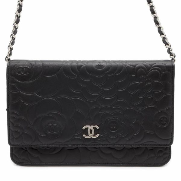 シャネル チェーンウォレット ココマーク カメリア ラムスキン A47421 CHANEL 財布 チェーンバッグ 黒