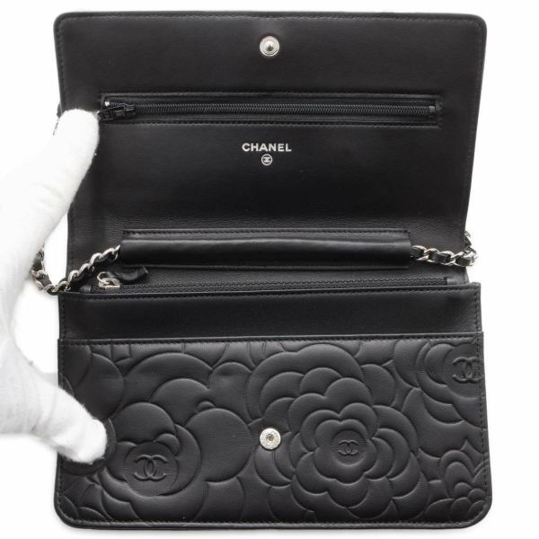 シャネル チェーンウォレット ココマーク カメリア ラムスキン A47421 CHANEL 財布 チェーンバッグ 黒