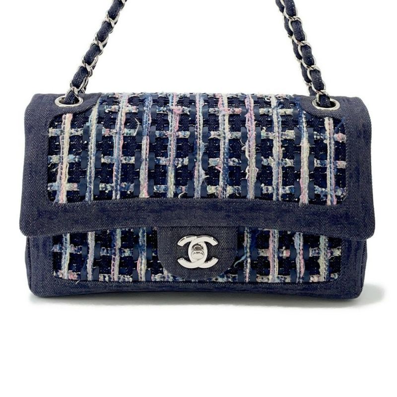 シャネル チェーンショルダーバッグ ココマーク ダブルチェーン デニム ツイード A01112 CHANEL