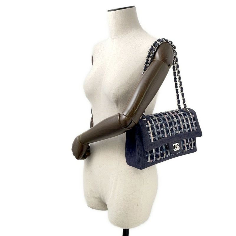 シャネル チェーンショルダーバッグ ココマーク ダブルチェーン デニム ツイード A01112 CHANEL