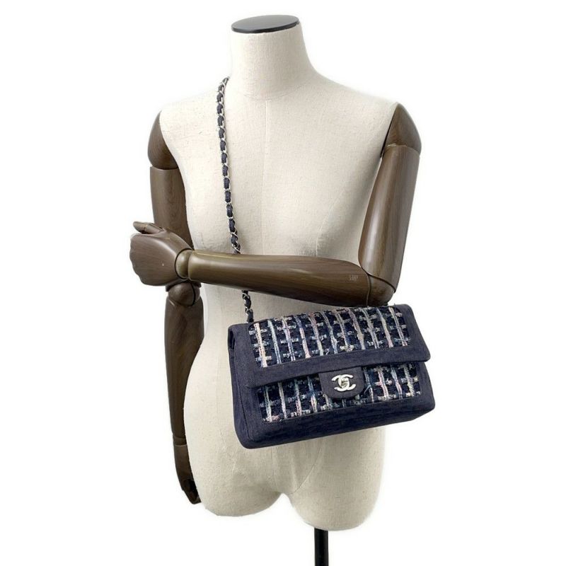 シャネル チェーンショルダーバッグ ココマーク ダブルチェーン デニム ツイード A01112 CHANEL