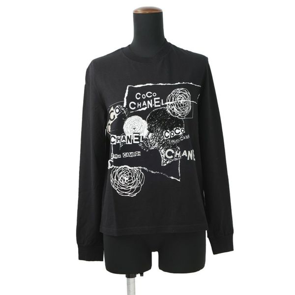 シャネル 長袖カットソー カメリア ロゴ コットン スパンコール レディースサイズXS P63300 CHANEL アパレル 黒