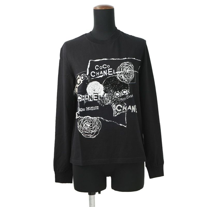 シャネル 長袖カットソー カメリア ロゴ コットン スパンコール レディースサイズXS P63300 CHANEL アパレル 黒