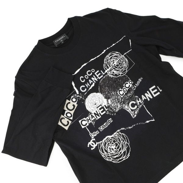 シャネル 長袖カットソー カメリア ロゴ コットン スパンコール レディースサイズXS P63300 CHANEL アパレル 黒