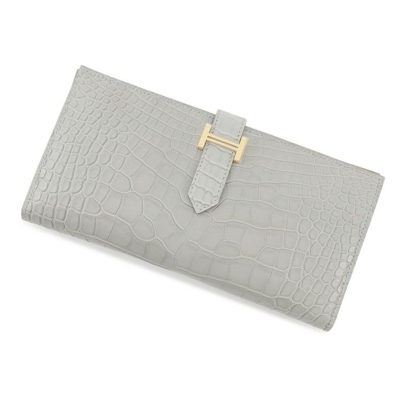 エルメス 長財布 ベアンスフレ パールグレー/ゴールド金具 アリゲーターマット B刻印 HERMES 財布