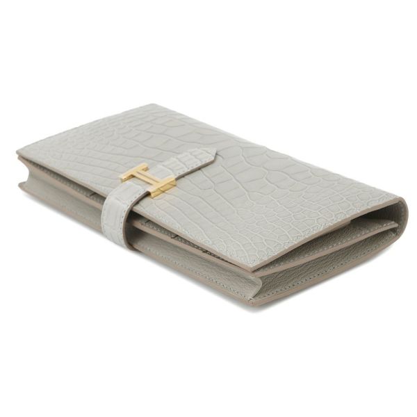 エルメス 長財布 ベアンスフレ パールグレー/ゴールド金具 アリゲーターマット B刻印 HERMES 財布