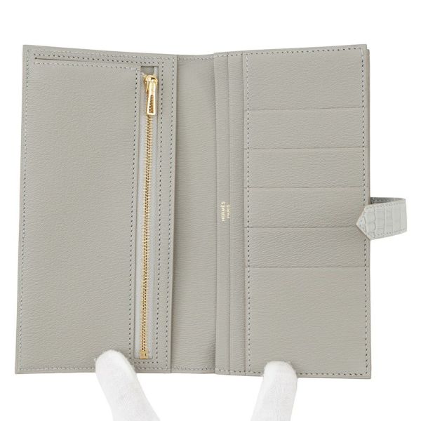 エルメス 長財布 ベアンスフレ パールグレー/ゴールド金具 アリゲーターマット B刻印 HERMES 財布