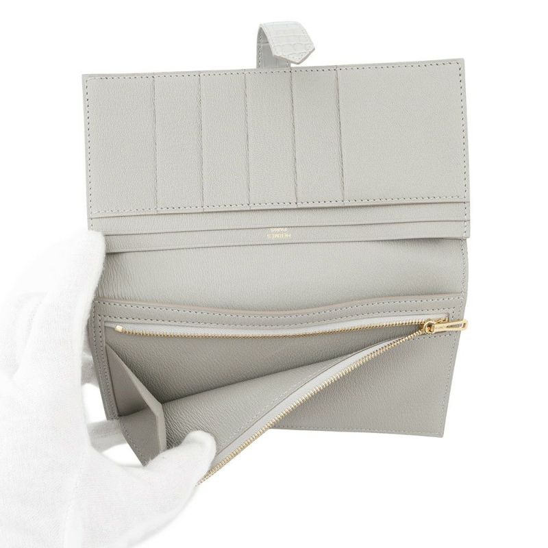 エルメス 長財布 ベアンスフレ パールグレー/ゴールド金具 アリゲーターマット B刻印 HERMES 財布