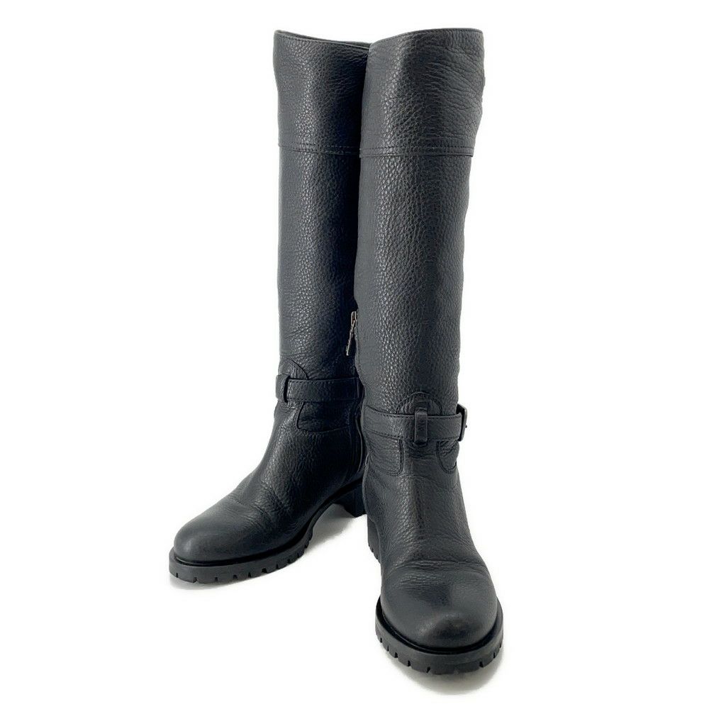 プラダ ブーツ レザー ロゴ レディースサイズ37 1/2 PRADA 靴 ロングブーツ 黒