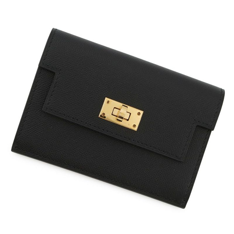 エルメス コインケース ケリーポケット スリム ブラック/ゴールド金具 ヴォーマダム K刻印 HERMES 小銭入れ カードケース 黒