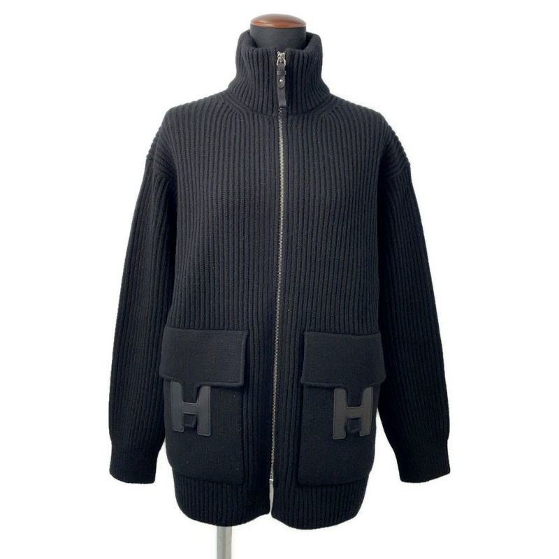 エルメス ニット Hモチーフ ジップアップブルゾン ウール レディースサイズ34 HERMES カーディガン 黒
